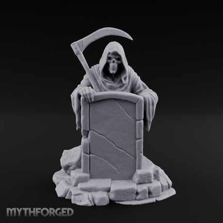 Scythe-Bearing Shroud-Draped Grim Reaper Gravestone Miniature for Dungeons and Dragons, Pathfinder or other TTRPGs