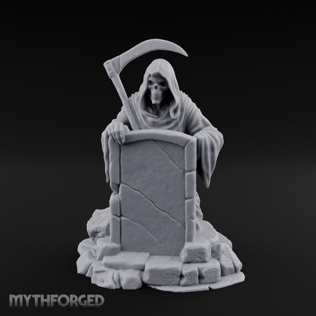 Scythe-Bearing Shroud-Draped Grim Reaper Gravestone Miniature for Dungeons and Dragons, Pathfinder or other TTRPGs