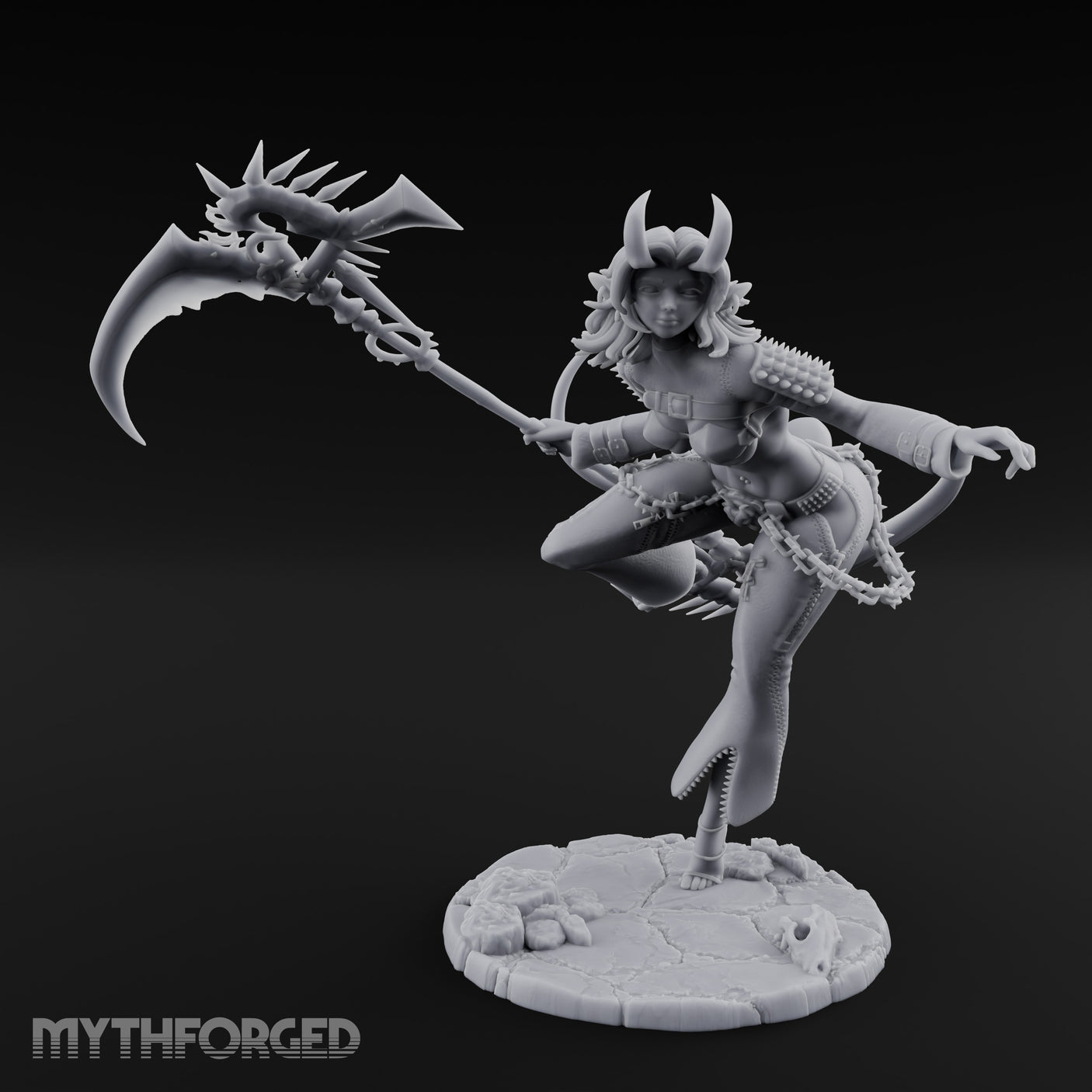 Scythe Sweeping Knee Raised Tiefling Reaper Miniature for Dungeons and Dragons, Pathfinder or other TTRPGs