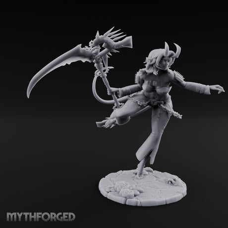 Scythe Sweeping Knee Raised Tiefling Reaper Miniature for Dungeons and Dragons, Pathfinder or other TTRPGs