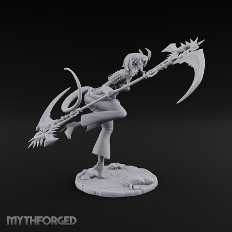 Scythe Sweeping Knee Raised Tiefling Reaper Miniature for Dungeons and Dragons, Pathfinder or other TTRPGs