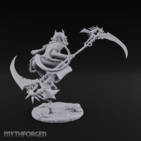 Scythe Sweeping Knee Raised Tiefling Reaper Miniature for Dungeons and Dragons, Pathfinder or other TTRPGs