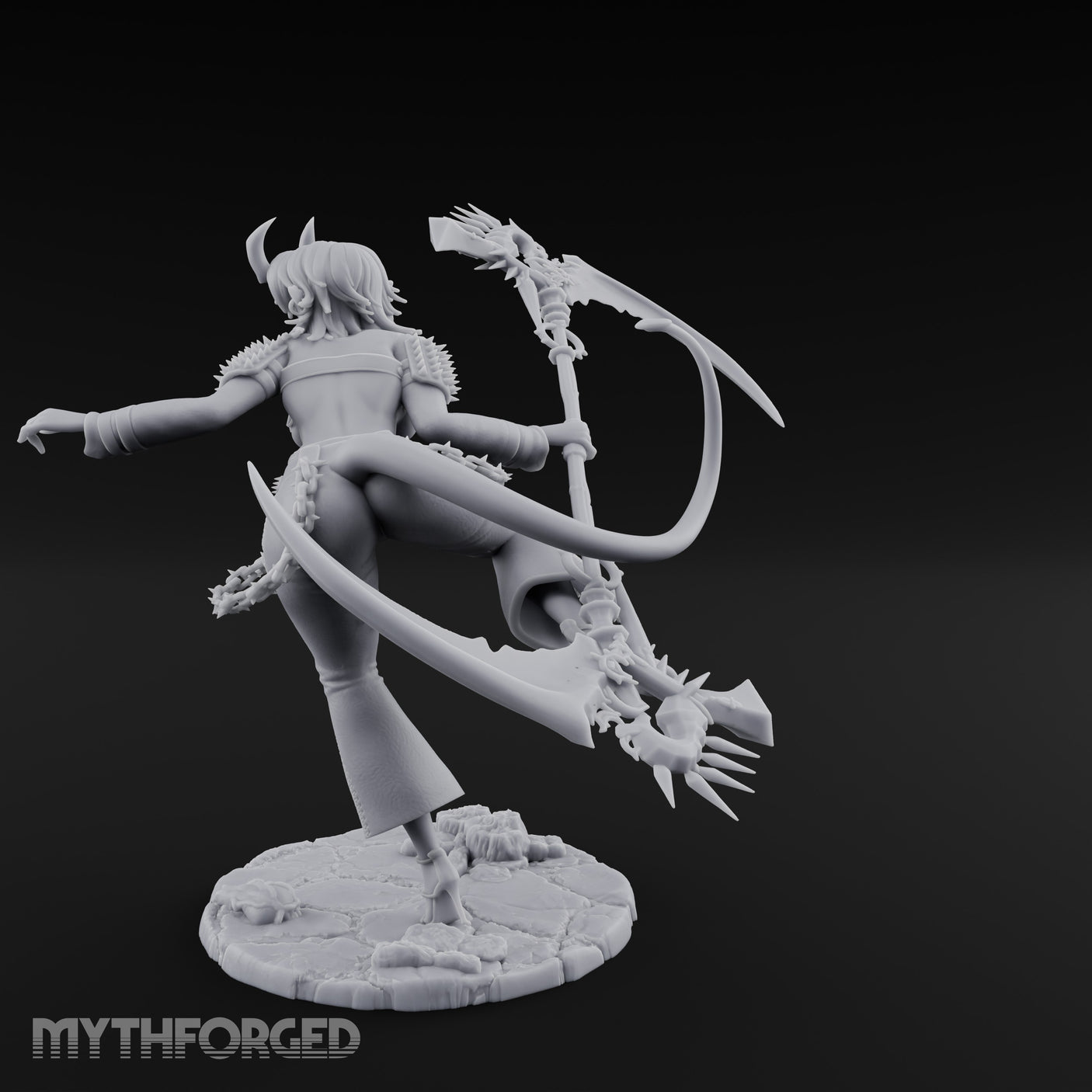 Scythe Sweeping Knee Raised Tiefling Reaper Miniature for Dungeons and Dragons, Pathfinder or other TTRPGs