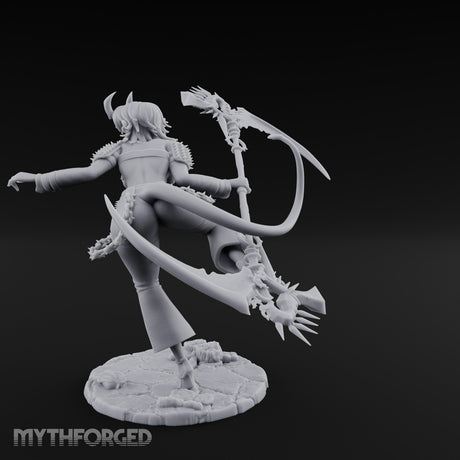 Scythe Sweeping Knee Raised Tiefling Reaper Miniature for Dungeons and Dragons, Pathfinder or other TTRPGs