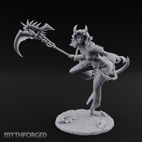 Scythe Sweeping Knee Raised Tiefling Reaper Miniature for Dungeons and Dragons, Pathfinder or other TTRPGs