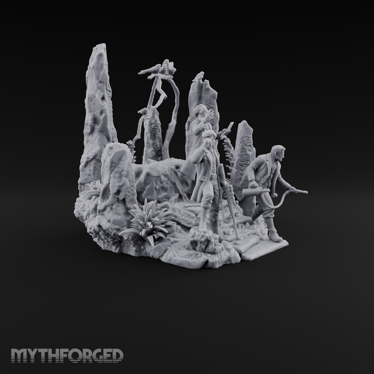 Three Scholars, One Bad Feeling Human Investigators on Standing-Stone Hilltop Diorama