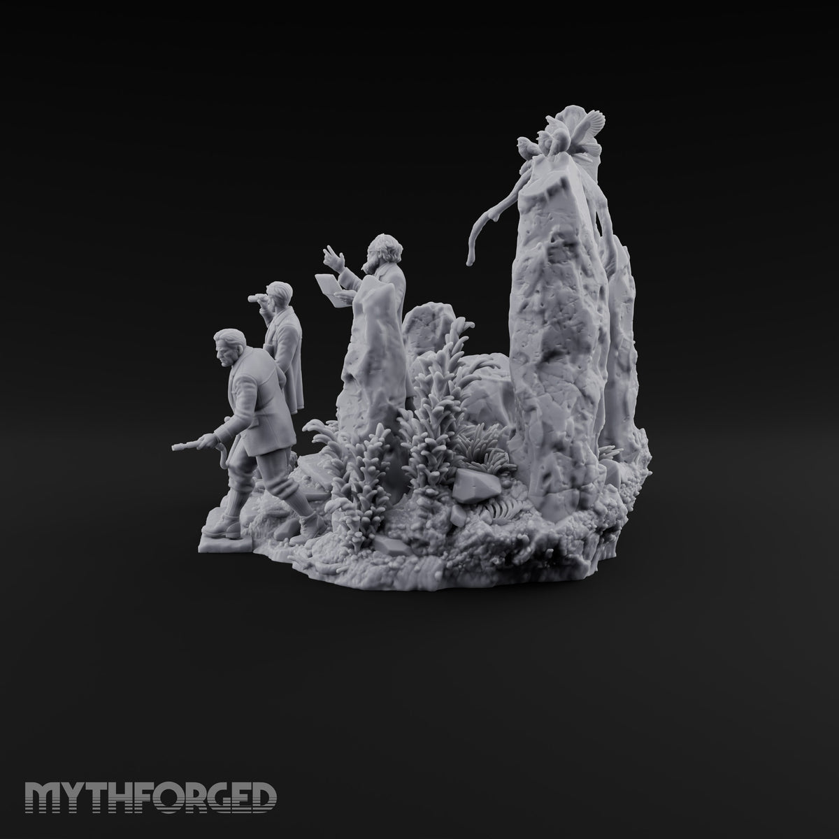 Three Scholars, One Bad Feeling Human Investigators on Standing-Stone Hilltop Diorama