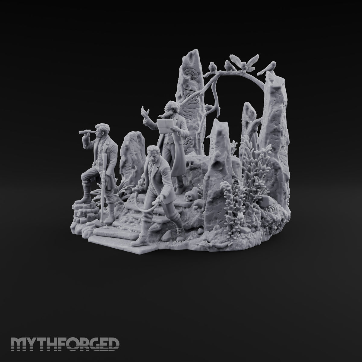 Three Scholars, One Bad Feeling Human Investigators on Standing-Stone Hilltop Diorama