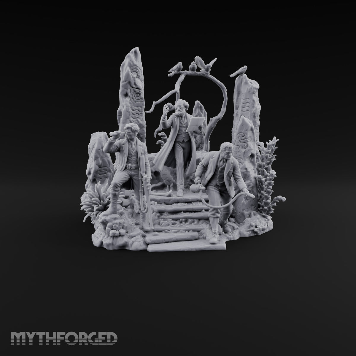 Three Scholars, One Bad Feeling Human Investigators on Standing-Stone Hilltop Diorama