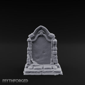 Shell-Crowned Arch-Framed Gothic Gravestone Miniature for Dungeons and Dragons, Pathfinder or other TTRPGs