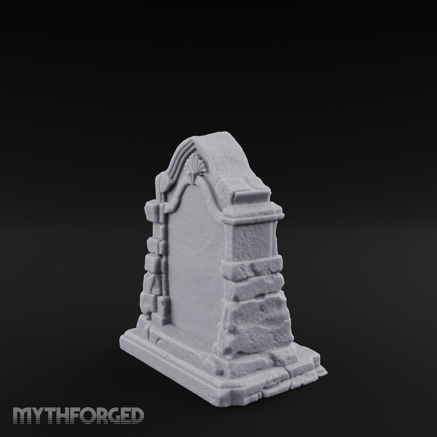 Shell-Crowned Arch-Framed Gothic Gravestone Miniature for Dungeons and Dragons, Pathfinder or other TTRPGs