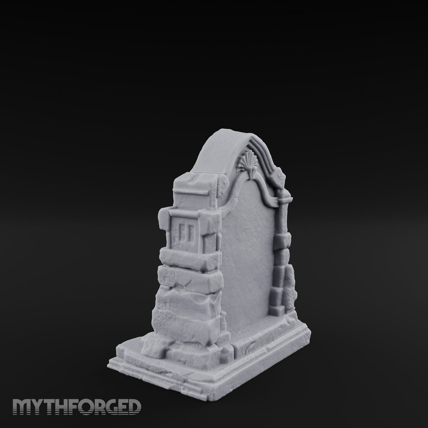 Shell-Crowned Arch-Framed Gothic Gravestone Miniature for Dungeons and Dragons, Pathfinder or other TTRPGs
