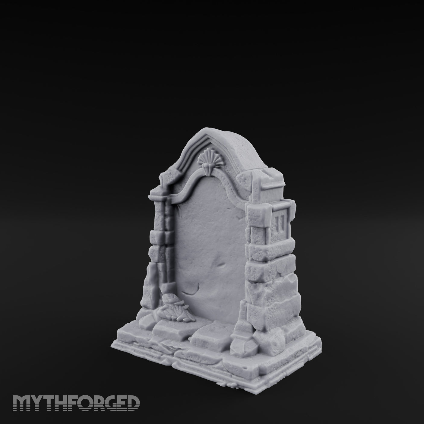 Shell-Crowned Arch-Framed Gothic Gravestone Miniature for Dungeons and Dragons, Pathfinder or other TTRPGs