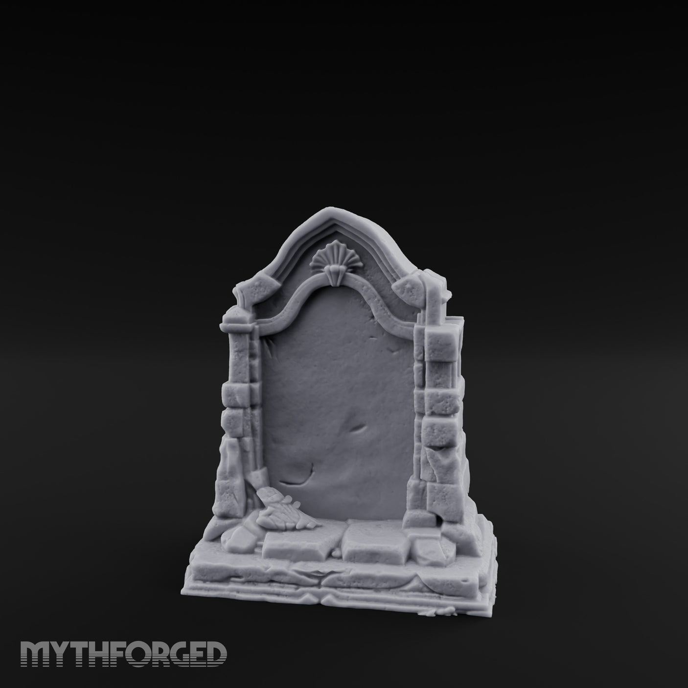 Shell-Crowned Arch-Framed Gothic Gravestone Miniature for Dungeons and Dragons, Pathfinder or other TTRPGs