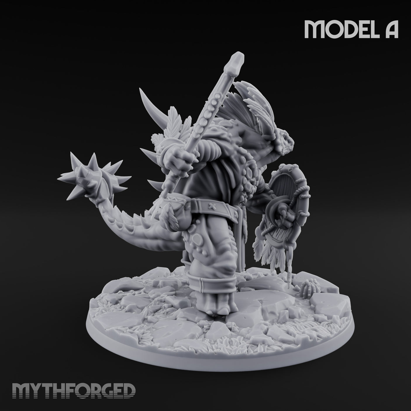 Shield And Flail Wielding Lizardfolk Warrior A Miniature for Dungeons and Dragons, Pathfinder or other TTRPGs