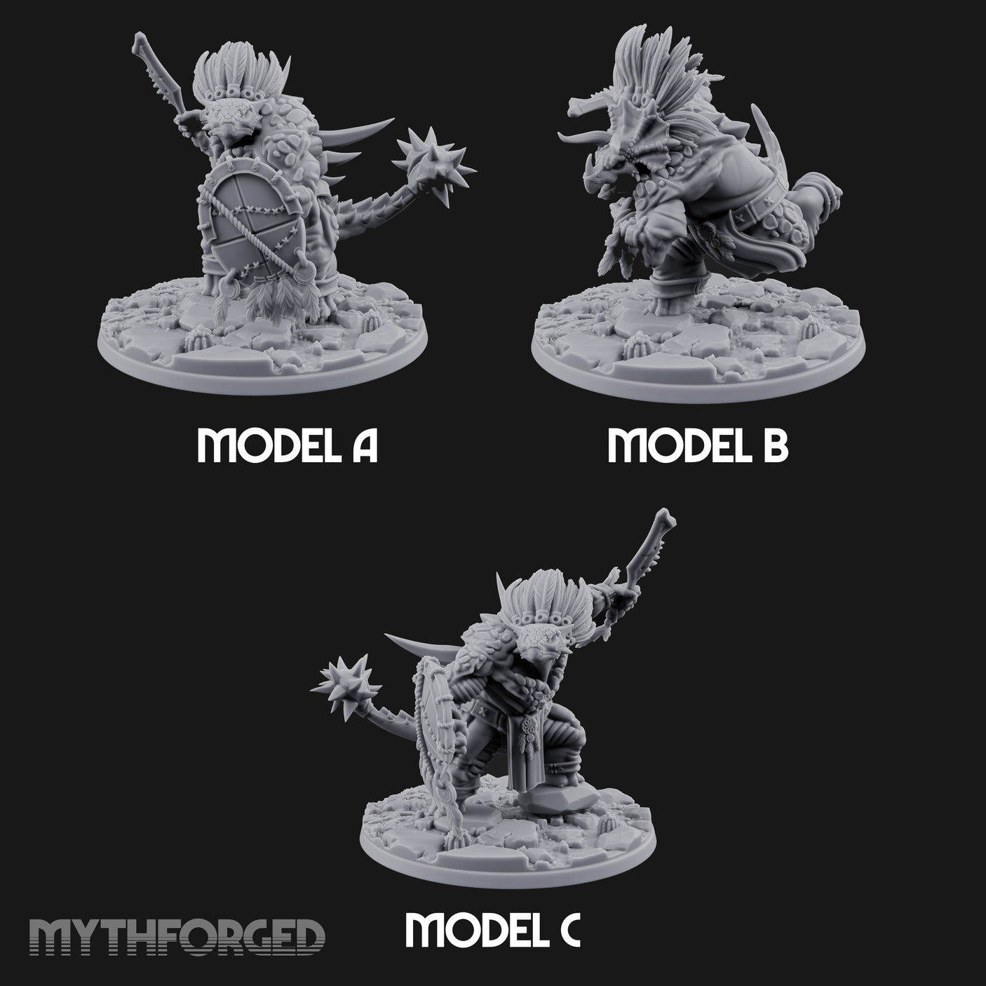 Shield And Flail Wielding Lizardfolk Warriors Miniature for Dungeons and Dragons, Pathfinder or other TTRPGs