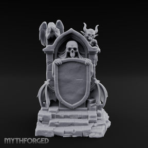 Shield-Bearing Demon-Flanked Grim Reaper Tombstone Miniature for Dungeons and Dragons, Pathfinder or other TTRPGs