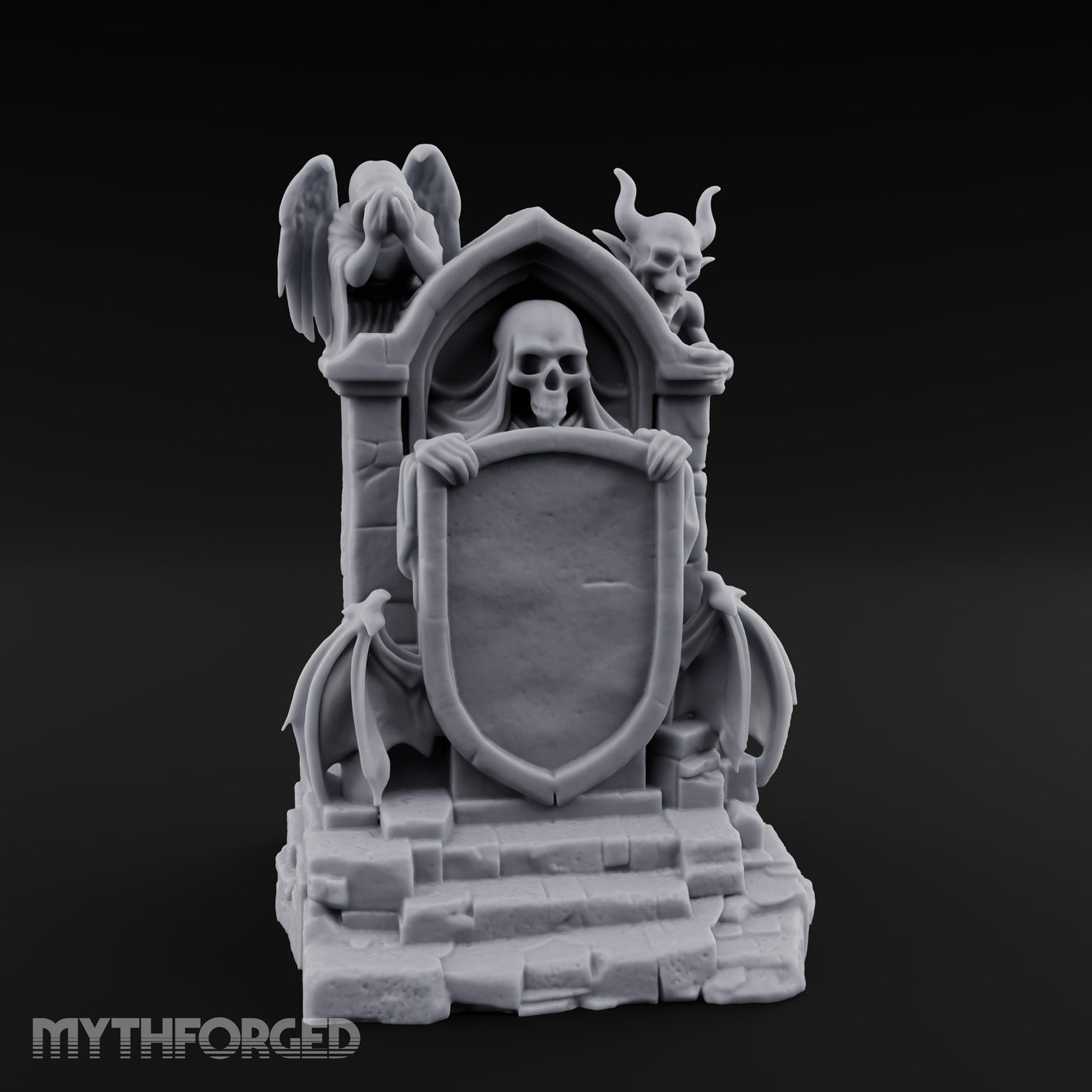 Shield-Bearing Demon-Flanked Grim Reaper Tombstone Miniature for Dungeons and Dragons, Pathfinder or other TTRPGs