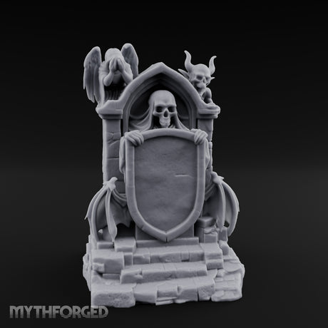 Shield-Bearing Demon-Flanked Grim Reaper Tombstone Miniature for Dungeons and Dragons, Pathfinder or other TTRPGs