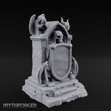 Shield-Bearing Demon-Flanked Grim Reaper Tombstone Miniature for Dungeons and Dragons, Pathfinder or other TTRPGs