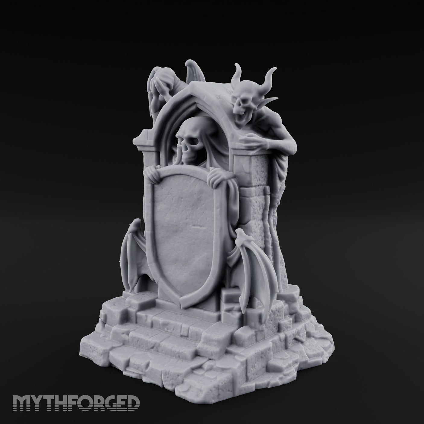 Shield-Bearing Demon-Flanked Grim Reaper Tombstone Miniature for Dungeons and Dragons, Pathfinder or other TTRPGs