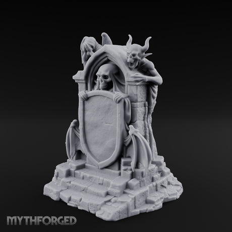 Shield-Bearing Demon-Flanked Grim Reaper Tombstone Miniature for Dungeons and Dragons, Pathfinder or other TTRPGs