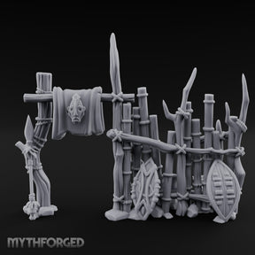Shield-Leaned Banner-Draped Tribal Bamboo Wall Scene Miniature for Dungeons and Dragons, Pathfinder or other TTRPGs