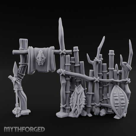 Shield-Leaned Banner-Draped Tribal Bamboo Wall Scene Miniature for Dungeons and Dragons, Pathfinder or other TTRPGs