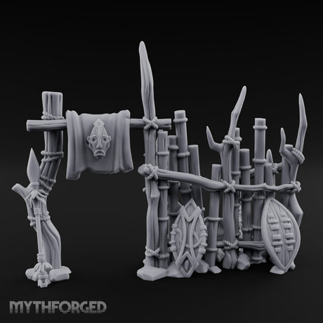 Shield-Leaned Banner-Draped Tribal Bamboo Wall Scene Miniature for Dungeons and Dragons, Pathfinder or other TTRPGs