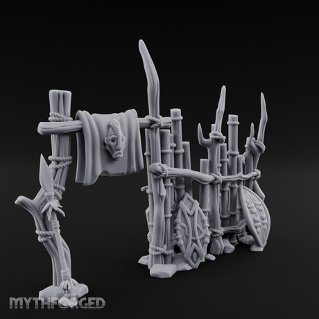 Shield-Leaned Banner-Draped Tribal Bamboo Wall Scene Miniature for Dungeons and Dragons, Pathfinder or other TTRPGs
