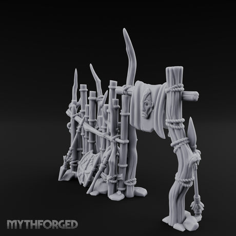 Shield-Leaned Banner-Draped Tribal Bamboo Wall Scene Miniature for Dungeons and Dragons, Pathfinder or other TTRPGs