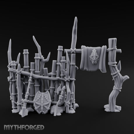 Shield-Leaned Banner-Draped Tribal Bamboo Wall Scene Miniature for Dungeons and Dragons, Pathfinder or other TTRPGs