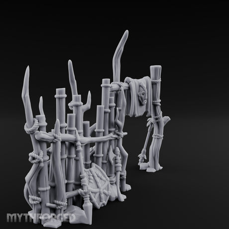 Shield-Leaned Banner-Draped Tribal Bamboo Wall Scene Miniature for Dungeons and Dragons, Pathfinder or other TTRPGs