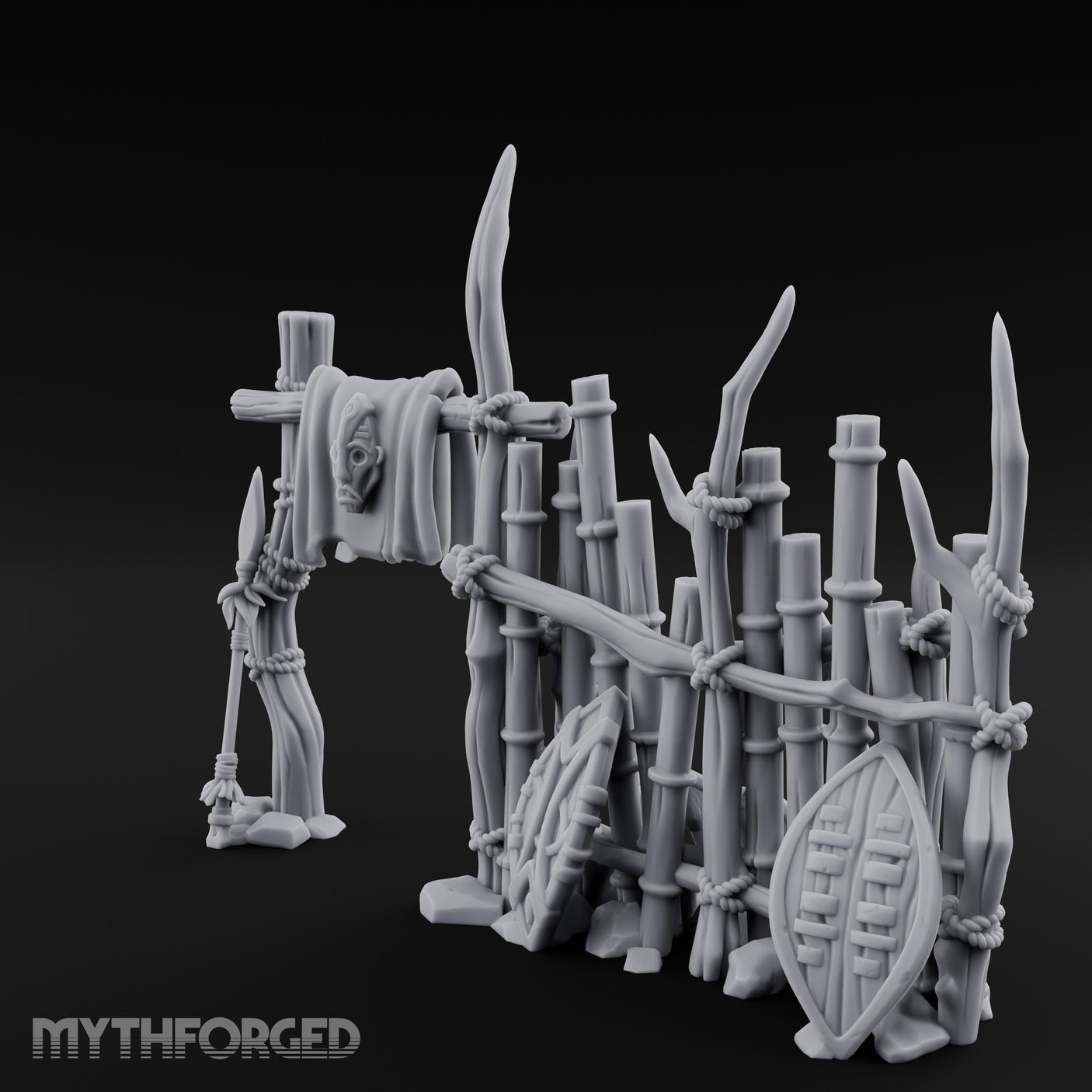 Shield-Leaned Banner-Draped Tribal Bamboo Wall Scene Miniature for Dungeons and Dragons, Pathfinder or other TTRPGs