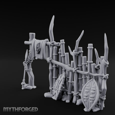 Shield-Leaned Banner-Draped Tribal Bamboo Wall Scene Miniature for Dungeons and Dragons, Pathfinder or other TTRPGs