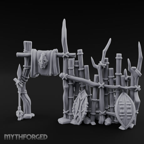 Shield-Leaned Banner-Draped Tribal Bamboo Wall Scene Miniature for Dungeons and Dragons, Pathfinder or other TTRPGs