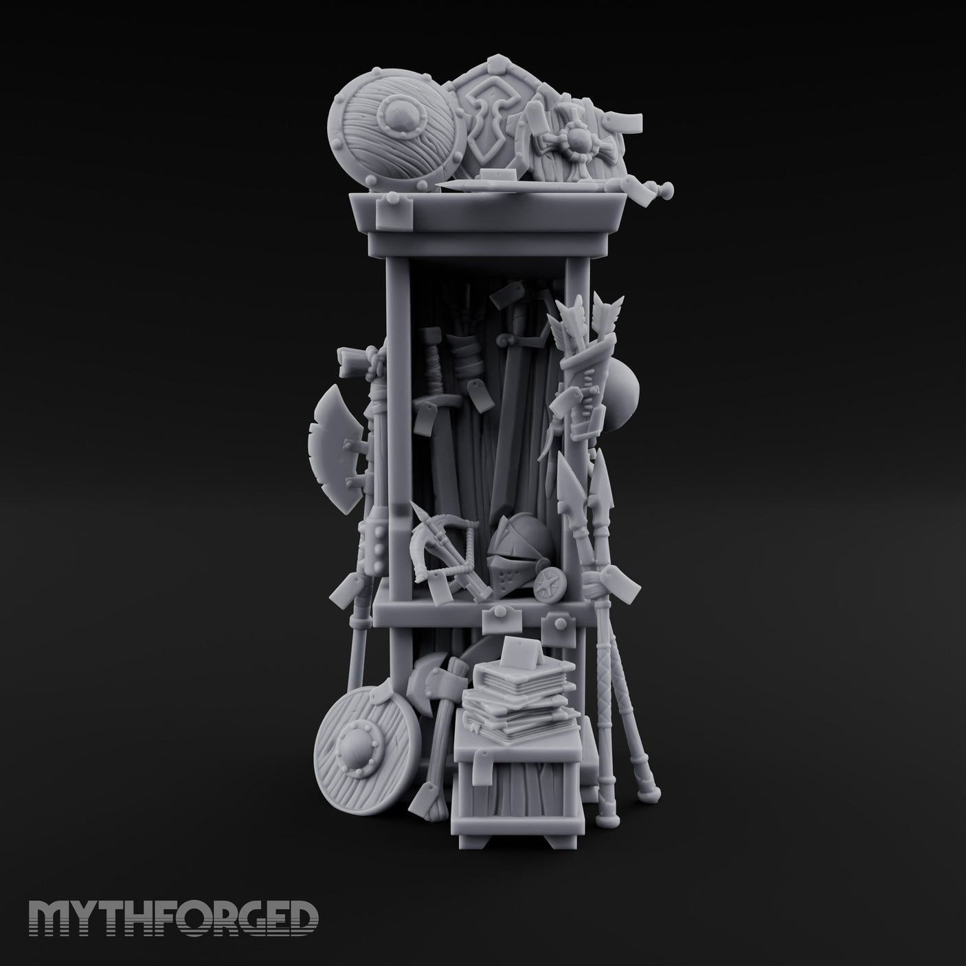 Shield-Stacked Crossbow-Crammed Warrior's Armoury Shelf Miniature for Dungeons and Dragons, Pathfinder or other TTRPGs