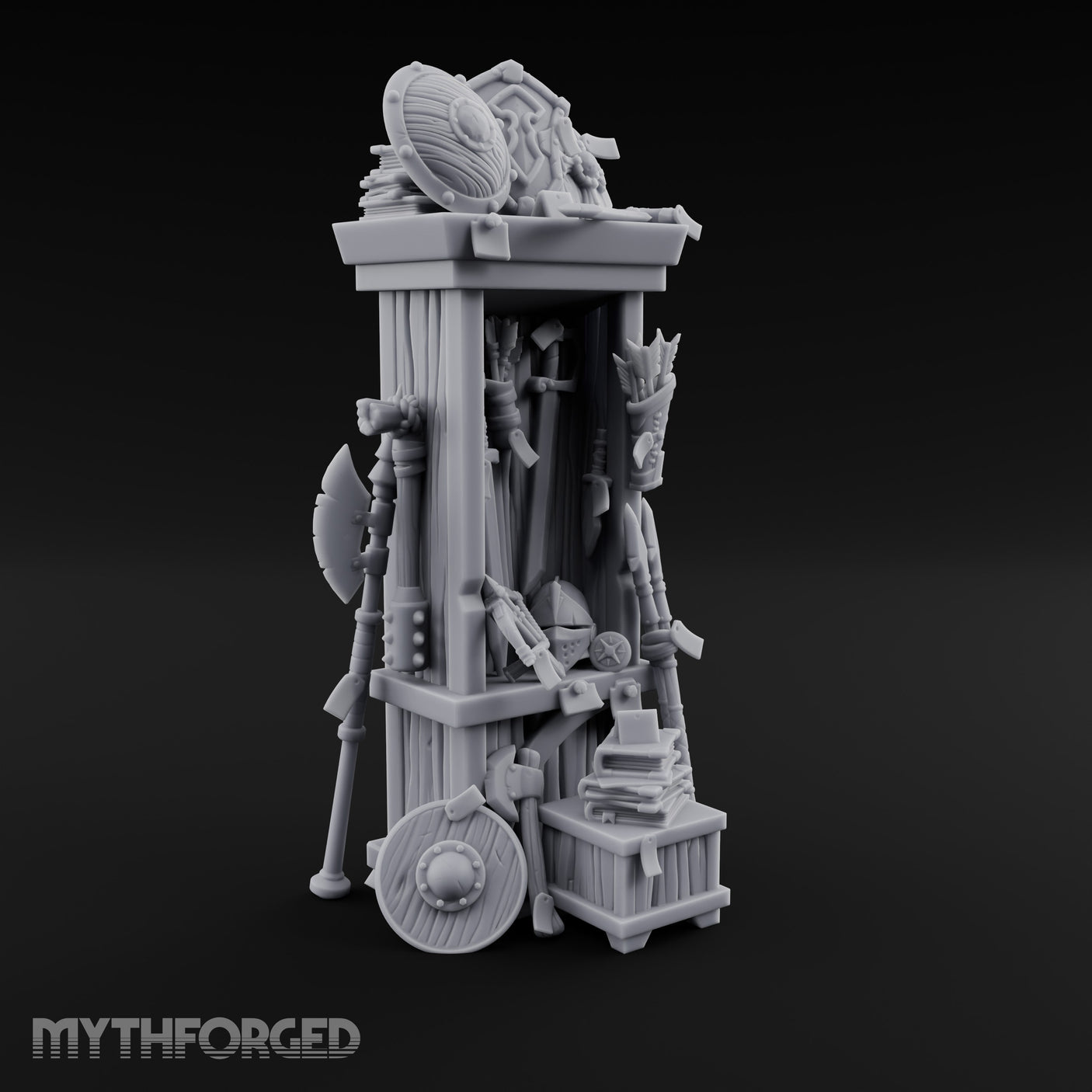 Shield-Stacked Crossbow-Crammed Warrior's Armoury Shelf Miniature for Dungeons and Dragons, Pathfinder or other TTRPGs