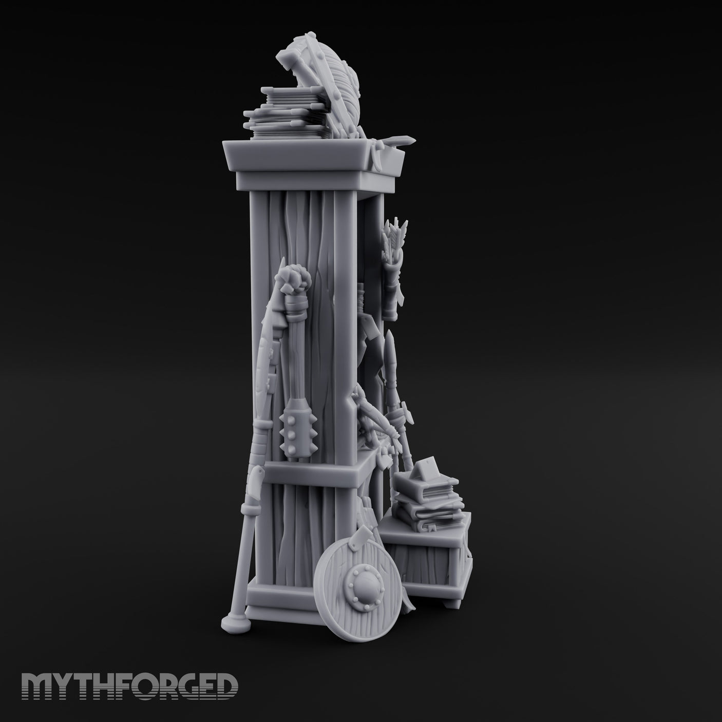 Shield-Stacked Crossbow-Crammed Warrior's Armoury Shelf Miniature for Dungeons and Dragons, Pathfinder or other TTRPGs