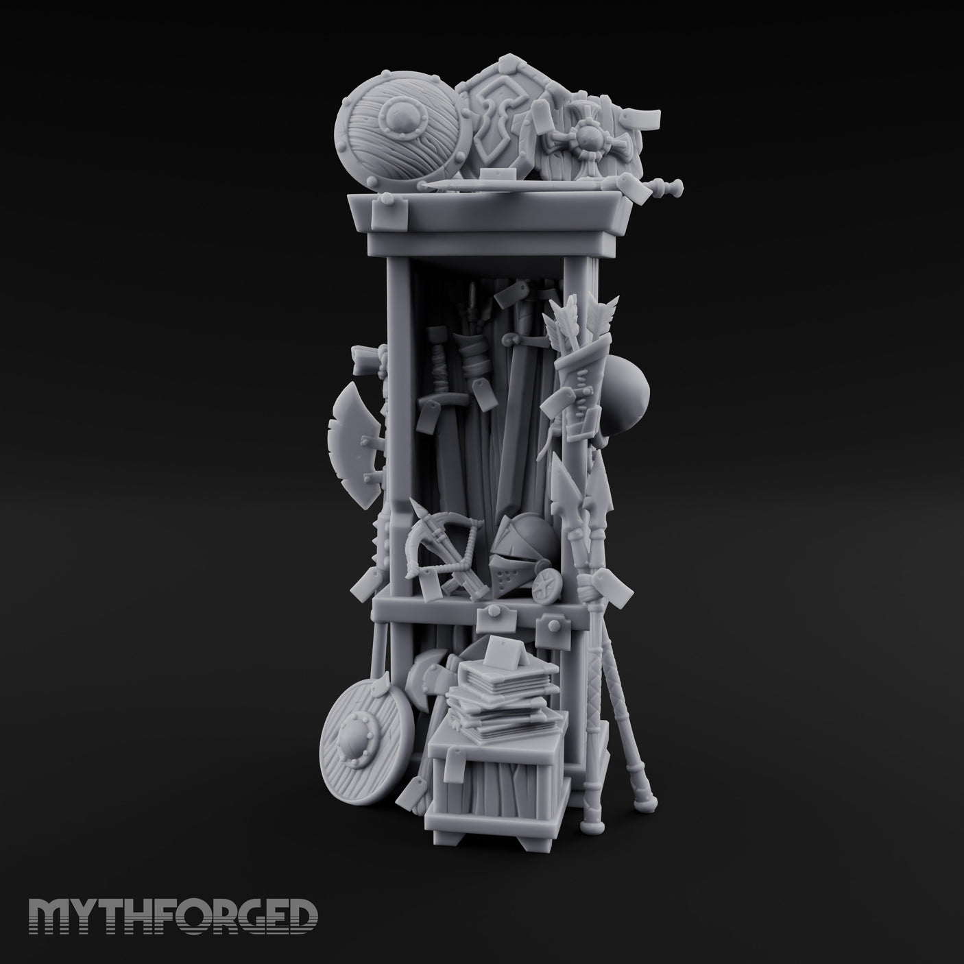 Shield-Stacked Crossbow-Crammed Warrior's Armoury Shelf Miniature for Dungeons and Dragons, Pathfinder or other TTRPGs