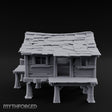 Shingle-Sagging Porch-Fronted Stilt Workers Hut Miniature for Dungeons and Dragons, Pathfinder or other TTRPGs