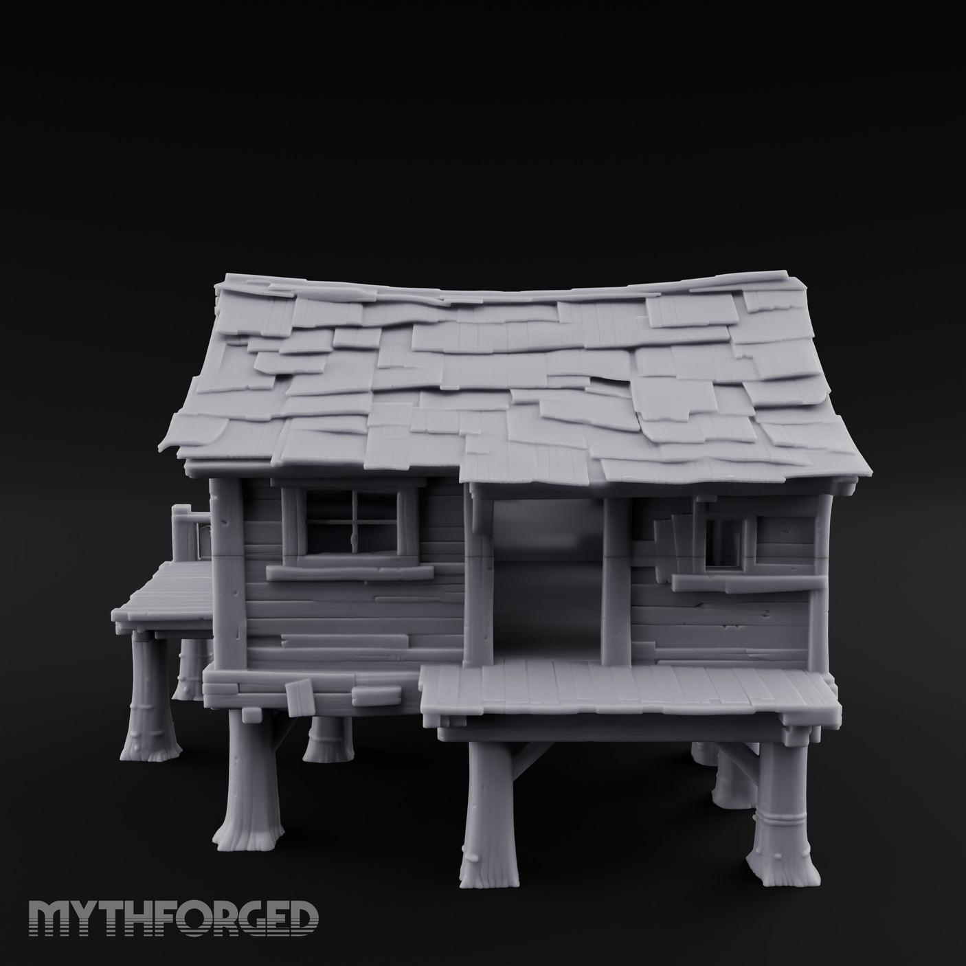 Shingle-Sagging Porch-Fronted Stilt Workers Hut Miniature for Dungeons and Dragons, Pathfinder or other TTRPGs
