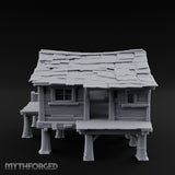Shingle-Sagging Porch-Fronted Stilt Workers Hut Miniature for Dungeons and Dragons, Pathfinder or other TTRPGs