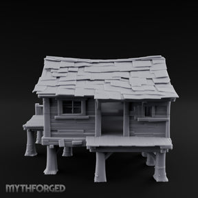 Shingle-Sagging Porch-Fronted Stilt Workers Hut Miniature for Dungeons and Dragons, Pathfinder or other TTRPGs