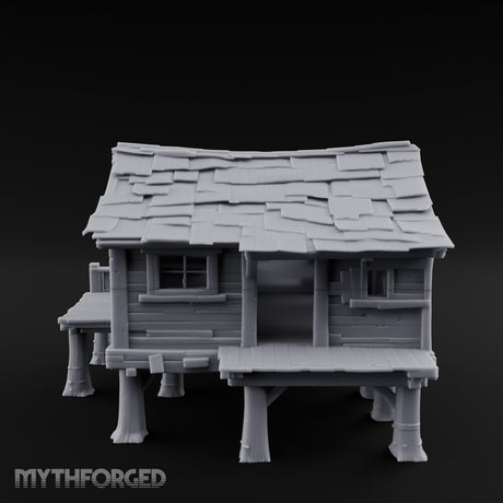 Shingle-Sagging Porch-Fronted Stilt Workers Hut Miniature for Dungeons and Dragons, Pathfinder or other TTRPGs