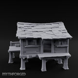 Shingle-Sagging Porch-Fronted Stilt Workers Hut Miniature for Dungeons and Dragons, Pathfinder or other TTRPGs