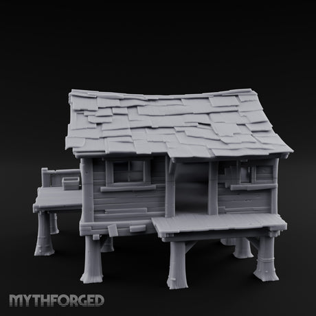 Shingle-Sagging Porch-Fronted Stilt Workers Hut Miniature for Dungeons and Dragons, Pathfinder or other TTRPGs