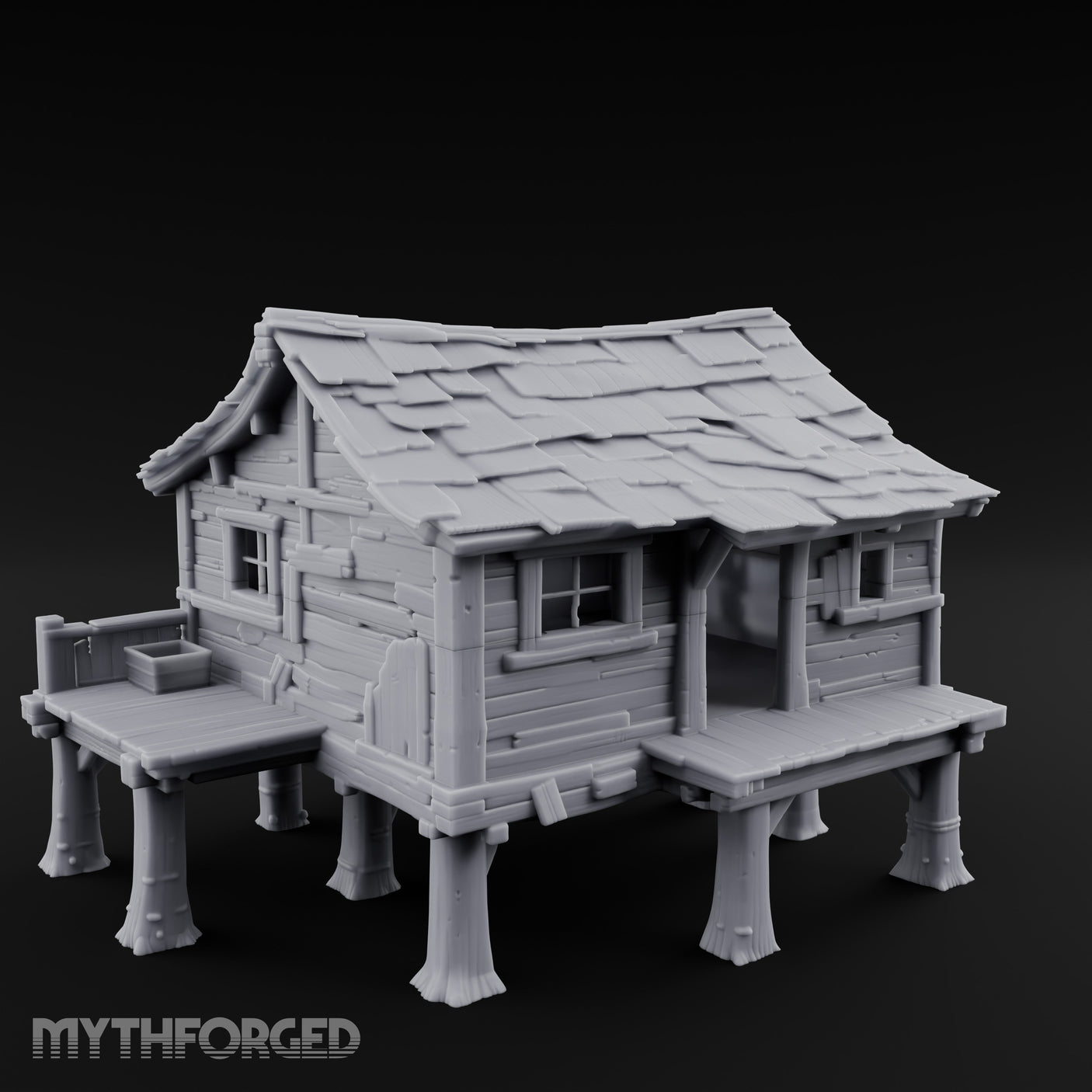 Shingle-Sagging Porch-Fronted Stilt Workers Hut Miniature for Dungeons and Dragons, Pathfinder or other TTRPGs