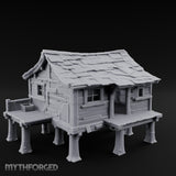 Shingle-Sagging Porch-Fronted Stilt Workers Hut Miniature for Dungeons and Dragons, Pathfinder or other TTRPGs