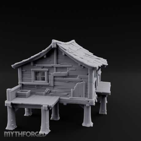 Shingle-Sagging Porch-Fronted Stilt Workers Hut Miniature for Dungeons and Dragons, Pathfinder or other TTRPGs